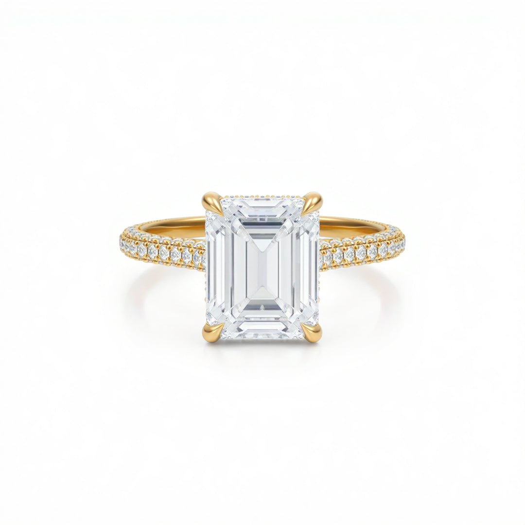 Emerald Three Row Pave Cathedral Ring With Diamond Basket