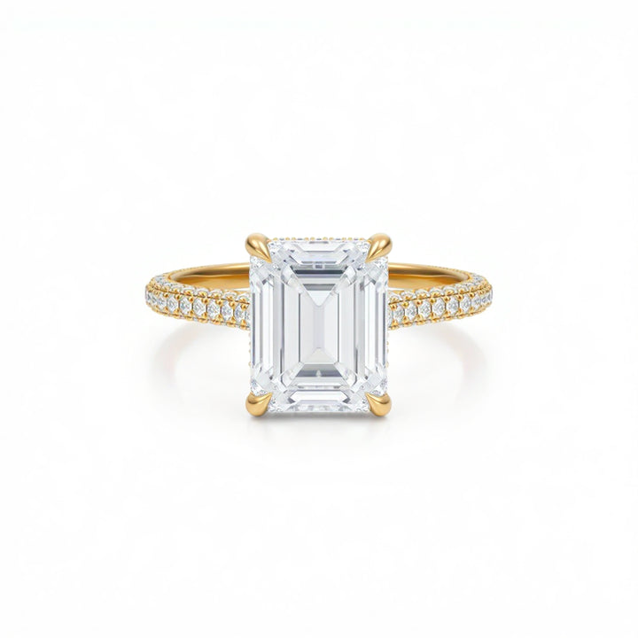 Emerald Three Row Pave Cathedral Ring With Diamond Basket