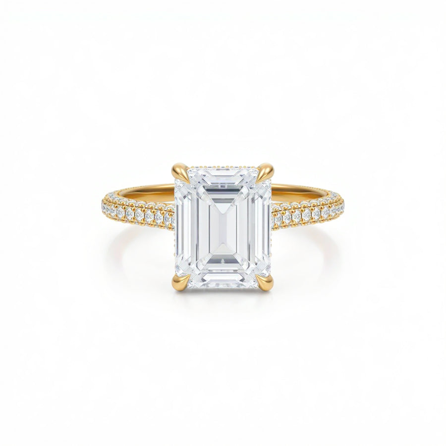 Emerald Three Row Pave Cathedral Ring With Diamond Basket