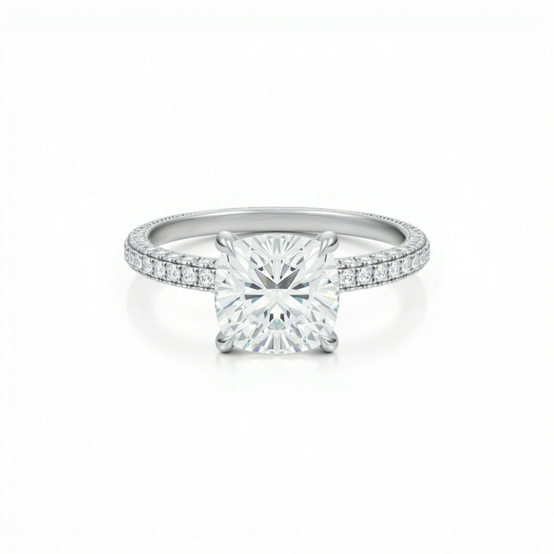 Cushion Three Row Pave Ring With Pave Prongs