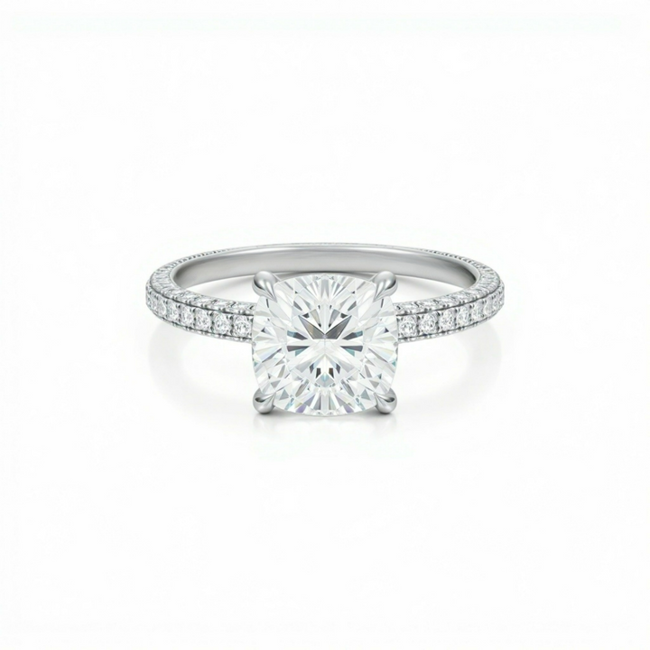 Cushion Three Row Pave Ring With Pave Prongs