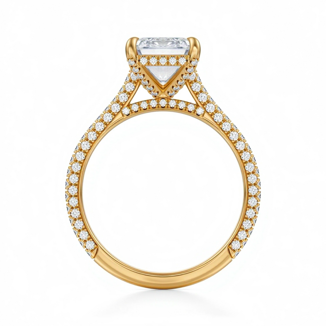Emerald Three Row Pave Cathedral Ring With Diamond Basket