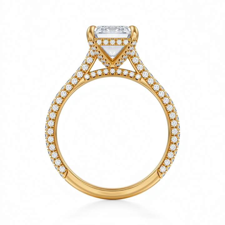 Emerald Three Row Pave Cathedral Ring With Diamond Basket