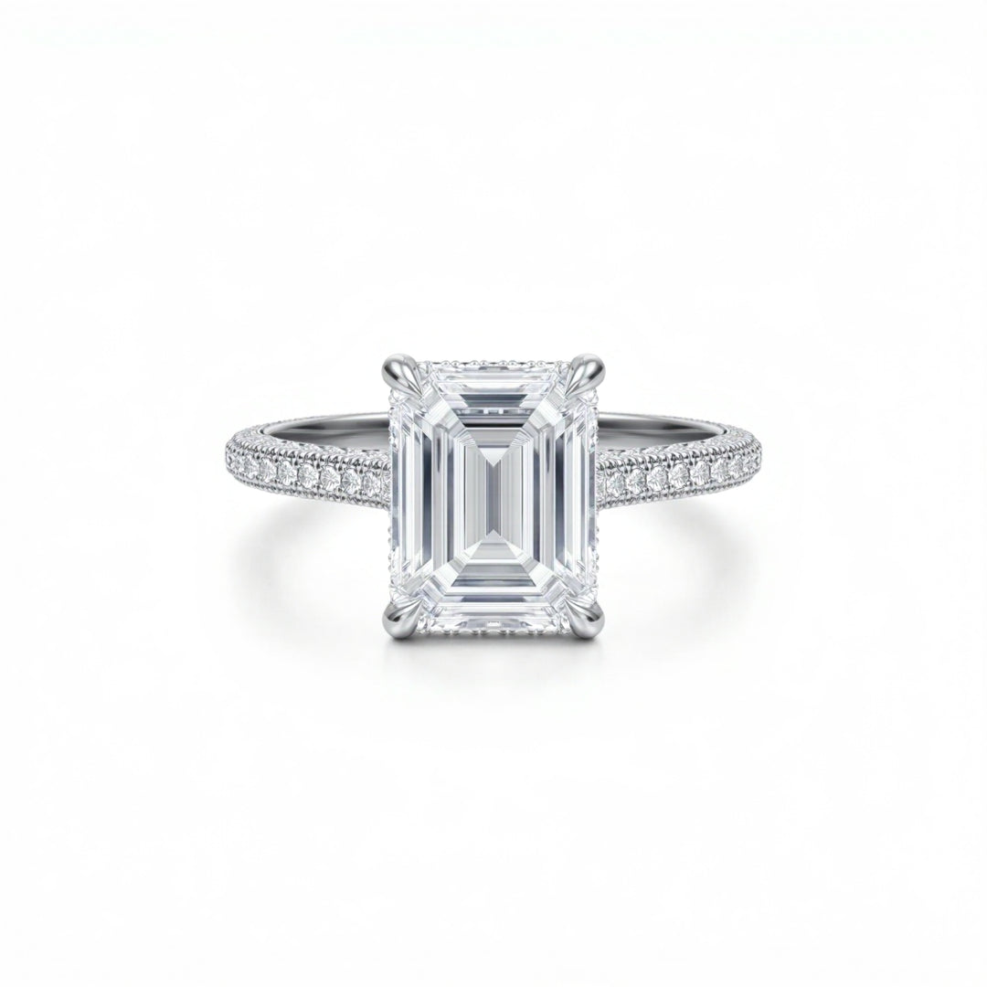 Emerald Three Row Pave Cathedral Ring With Diamond Basket