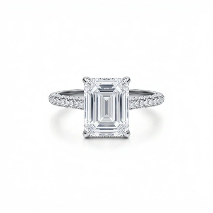 Emerald Three Row Pave Cathedral Ring With Diamond Basket