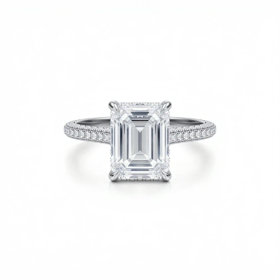 Emerald Three Row Pave Cathedral Ring With Diamond Basket
