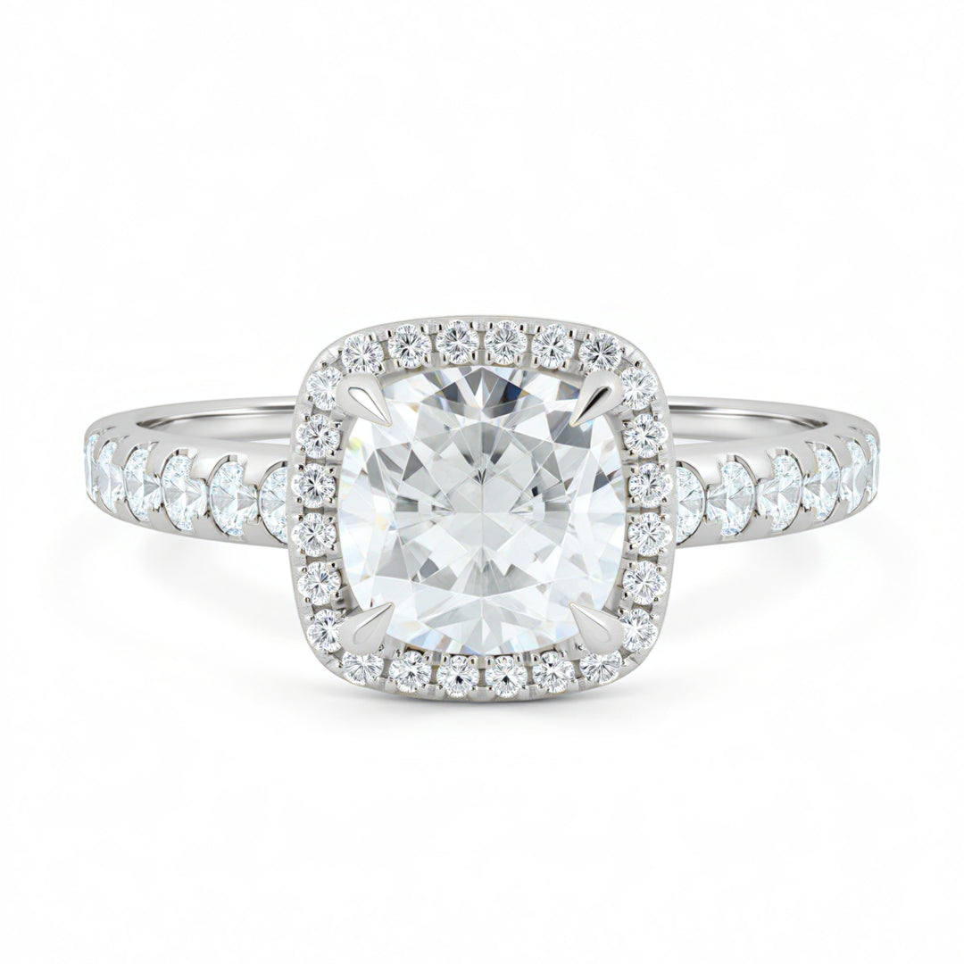 Cushion Halo Solitaire Ring With Pave Band