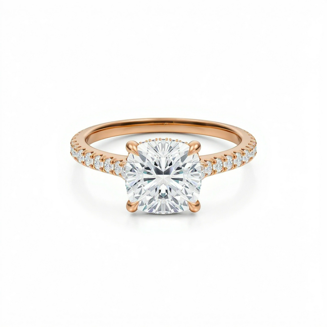 Cushion Pave Cathedral Ring With Diamond Basket