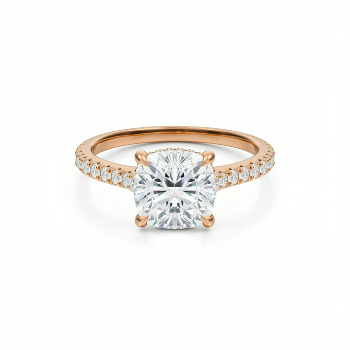Cushion Pave Cathedral Ring With Diamond Basket