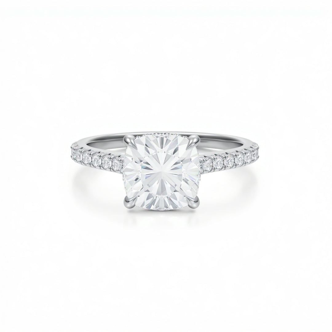 Cushion Pave Cathedral Ring With Diamond Basket