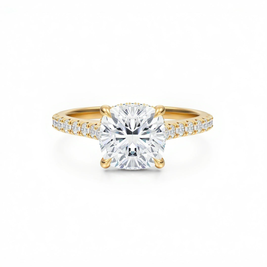 Cushion Pave Cathedral Ring With Diamond Basket