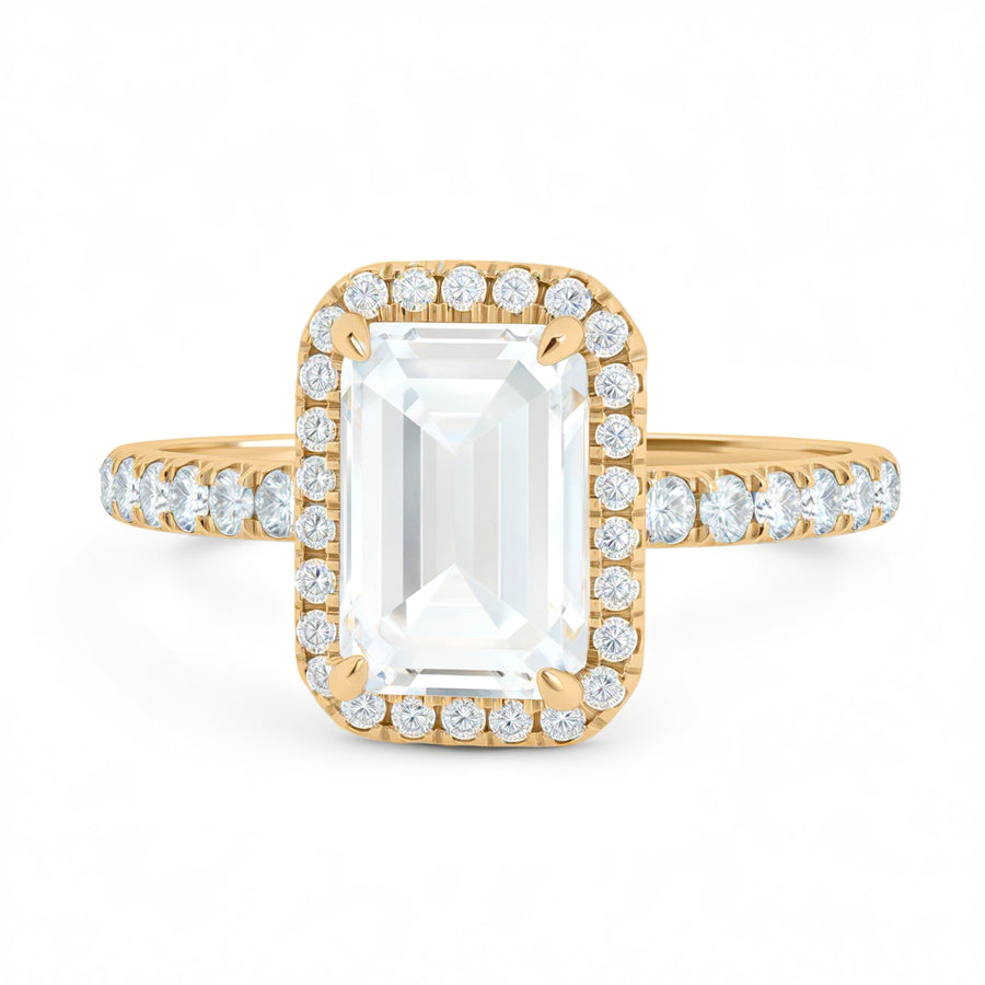 Emerald Halo Solitaire Ring With Pave Band