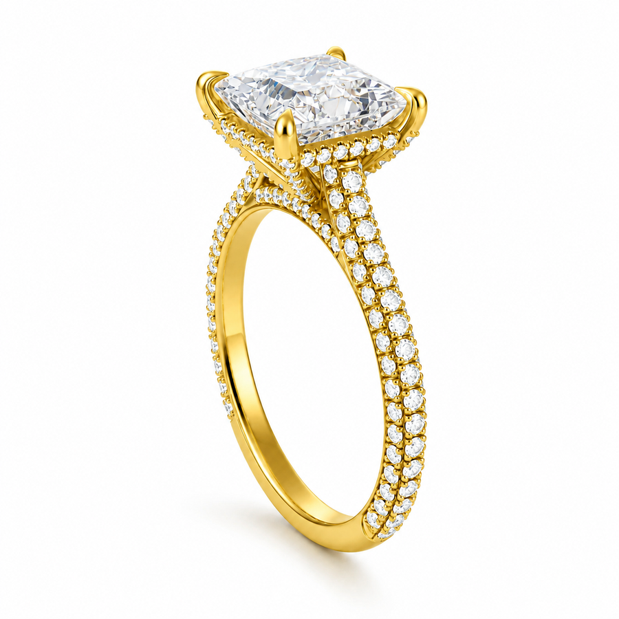 Princess Three Row Pave Cathedral Ring With Diamond Basket