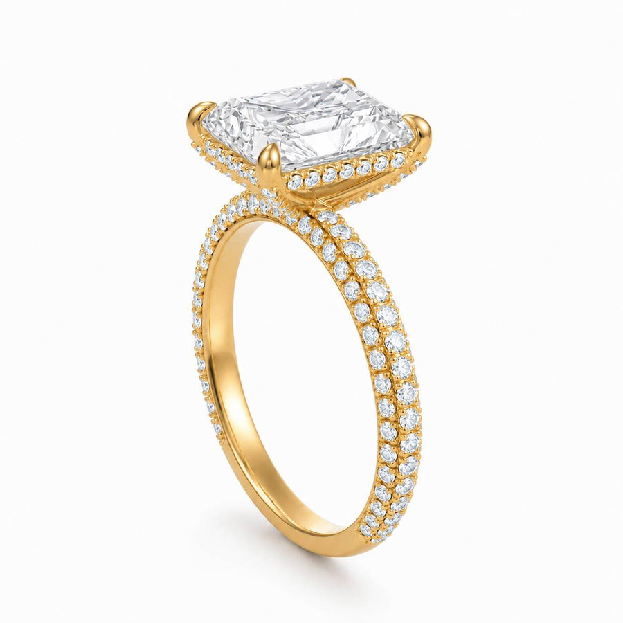 Radiant Diamond Basket With Three Row Pave Ring