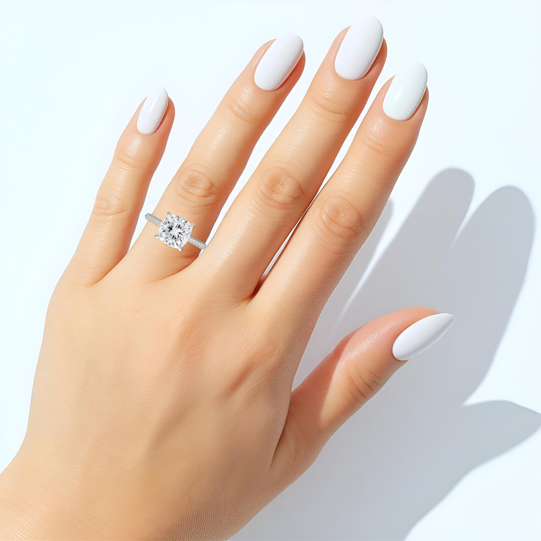 Cushion Three Row Pave Ring With Pave Prongs