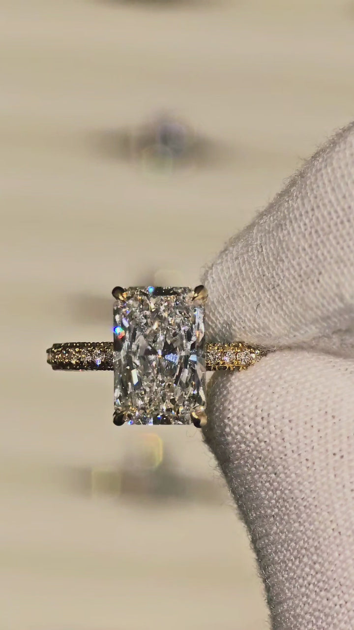 Radiant Hidden Halo With Three Row Pave Ring (18k Yellow Gold)