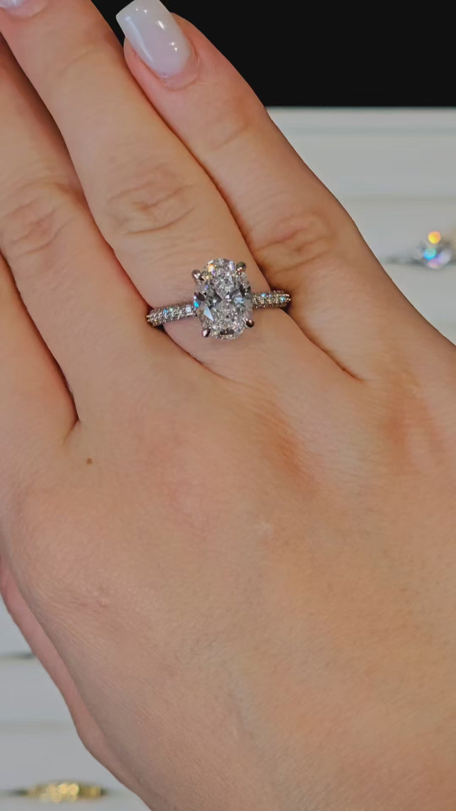 Oval Hidden Halo With Three Row Pave Ring (Platinum 950)