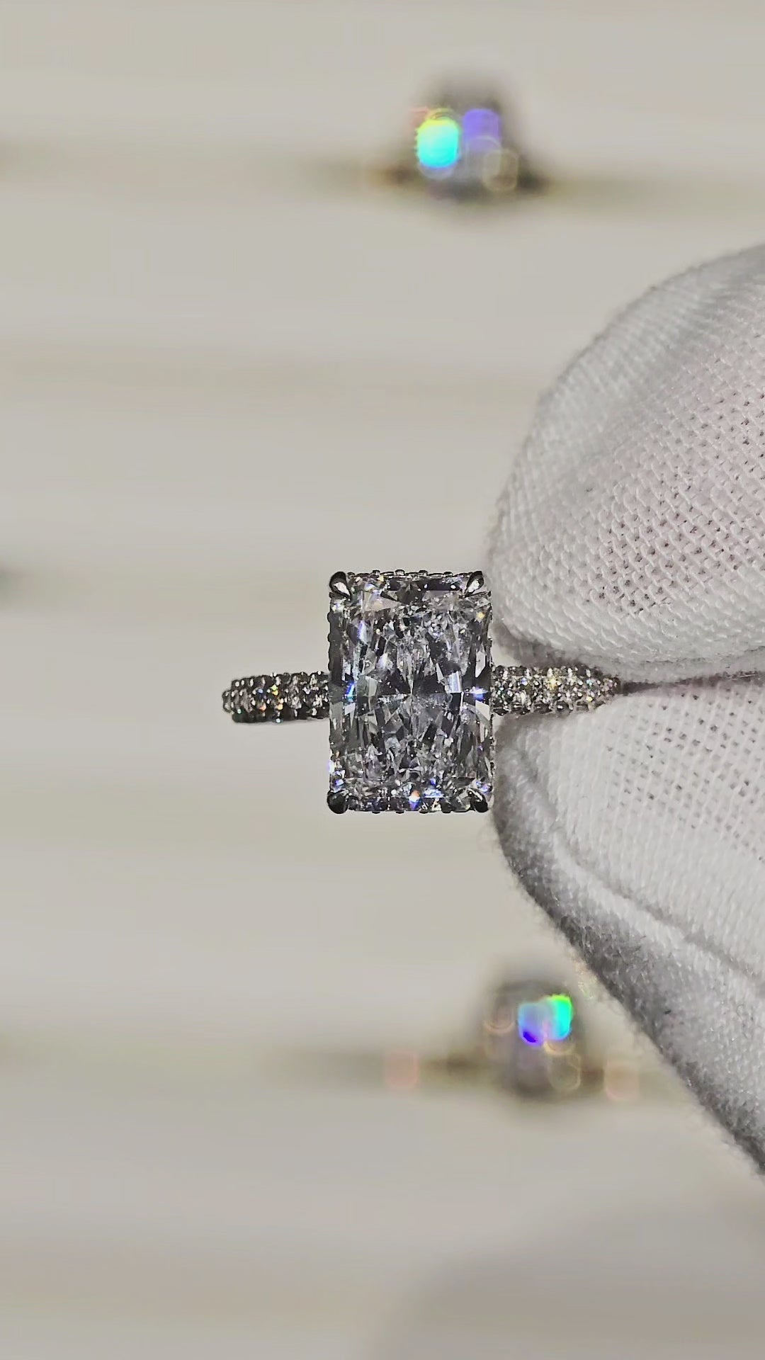 Radiant Hidden Halo With Three Row Pave Ring (18K White Gold)