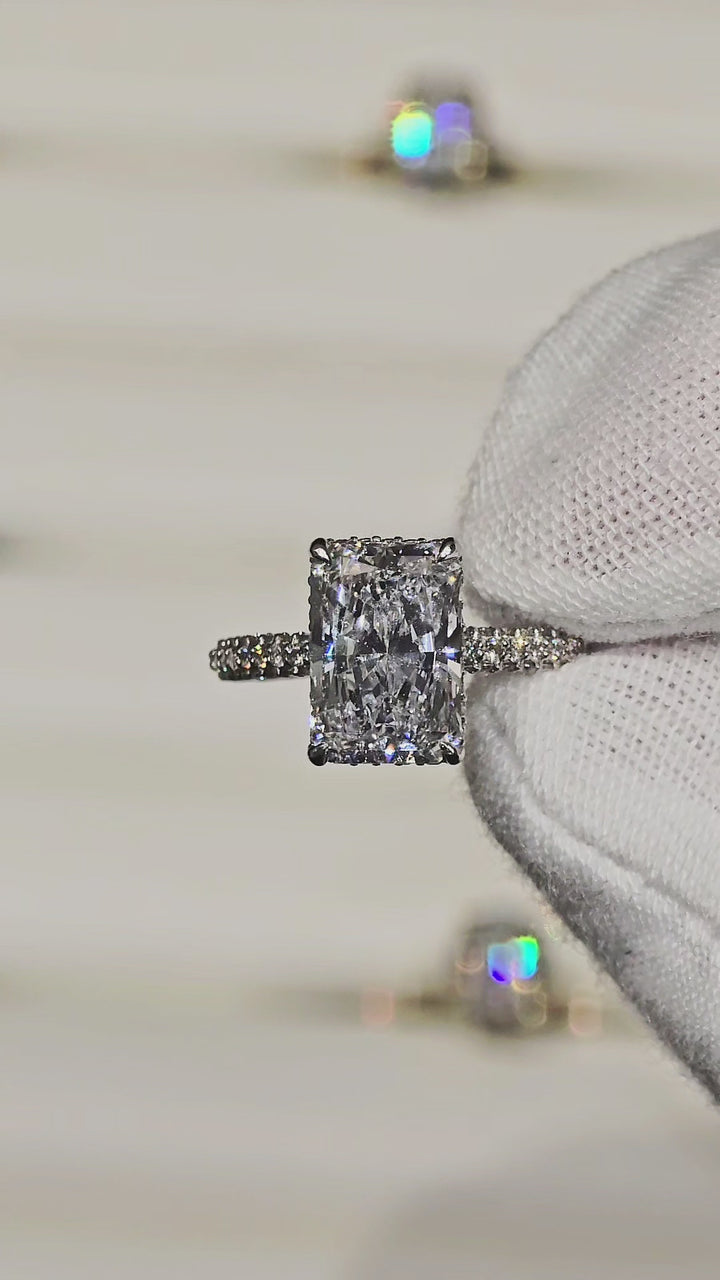 Radiant Hidden Halo With Three Row Pave Ring (18K White Gold)
