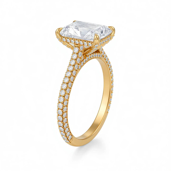 Radiant Three Row Pave Cathedral Ring With Diamond Basket