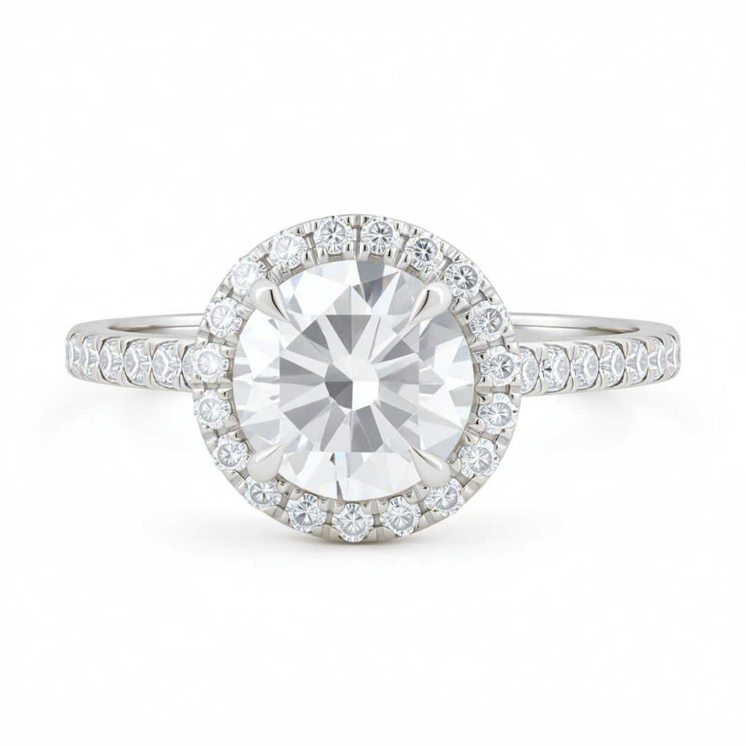 Round Halo Solitaire Ring With Pave Band
