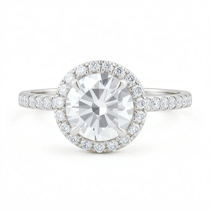 Round Halo Solitaire Ring With Pave Band