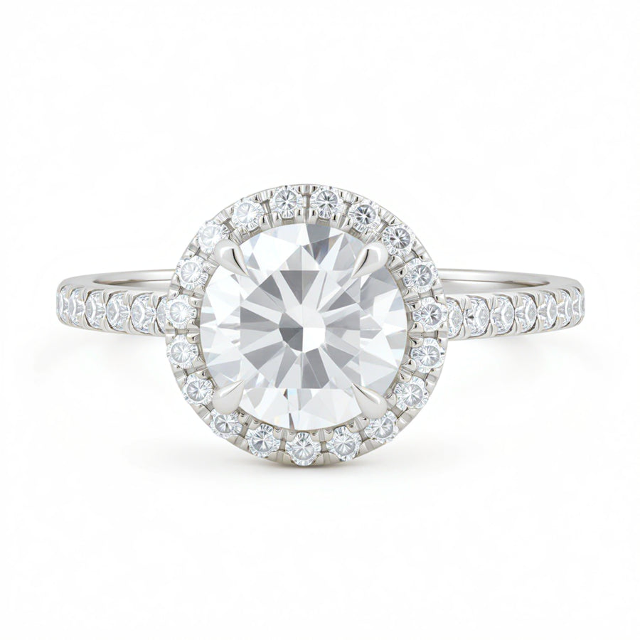 Round Halo Solitaire Ring With Pave Band