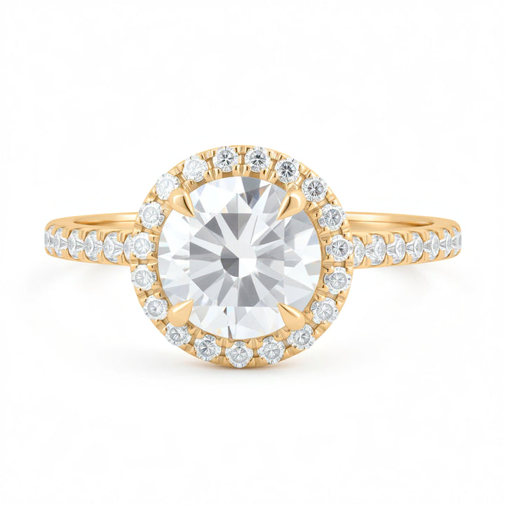 Round Halo Solitaire Ring With Pave Band